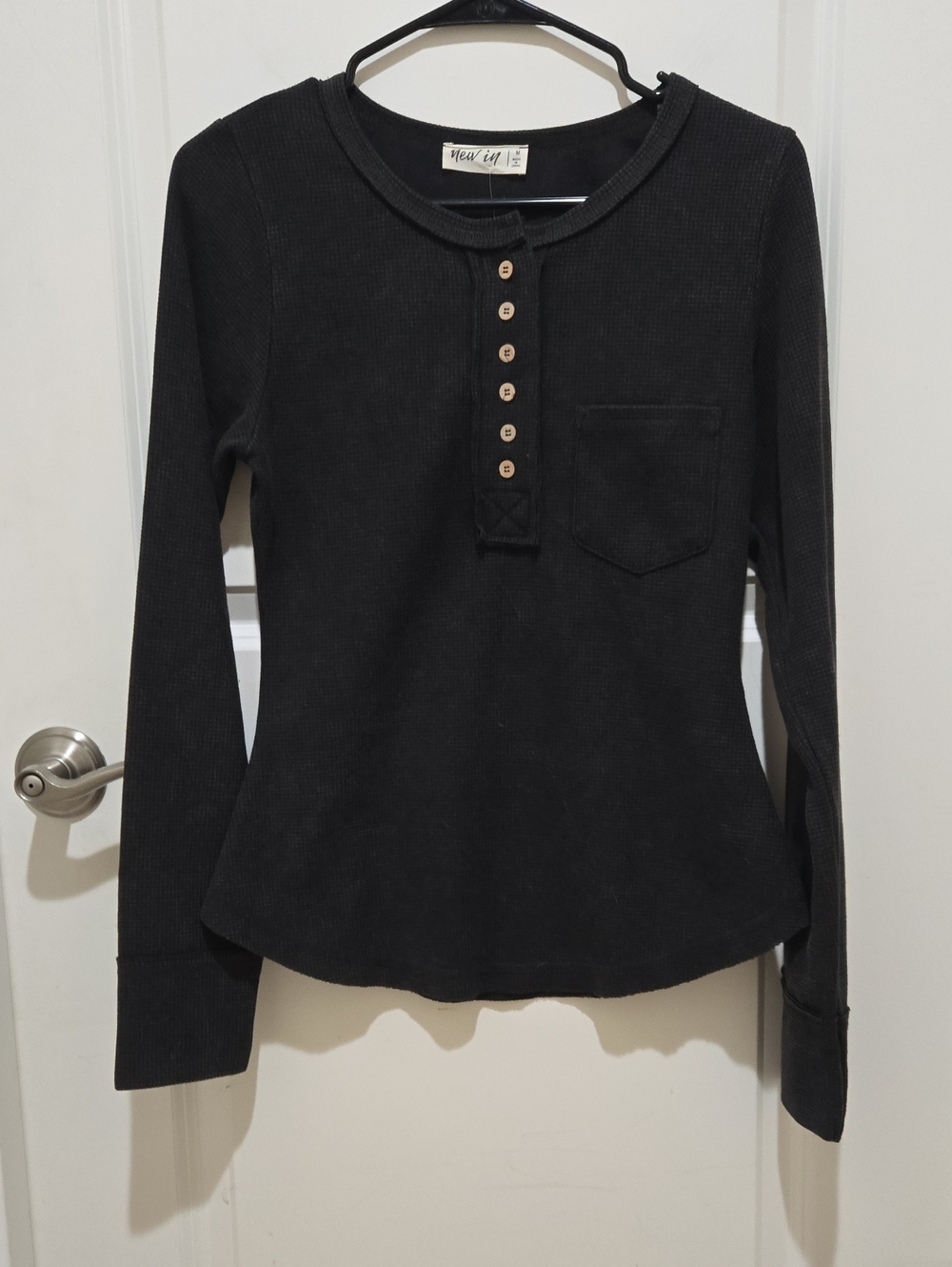 Waffle-Knit Long Sleeve Henley Top - Black - NWT